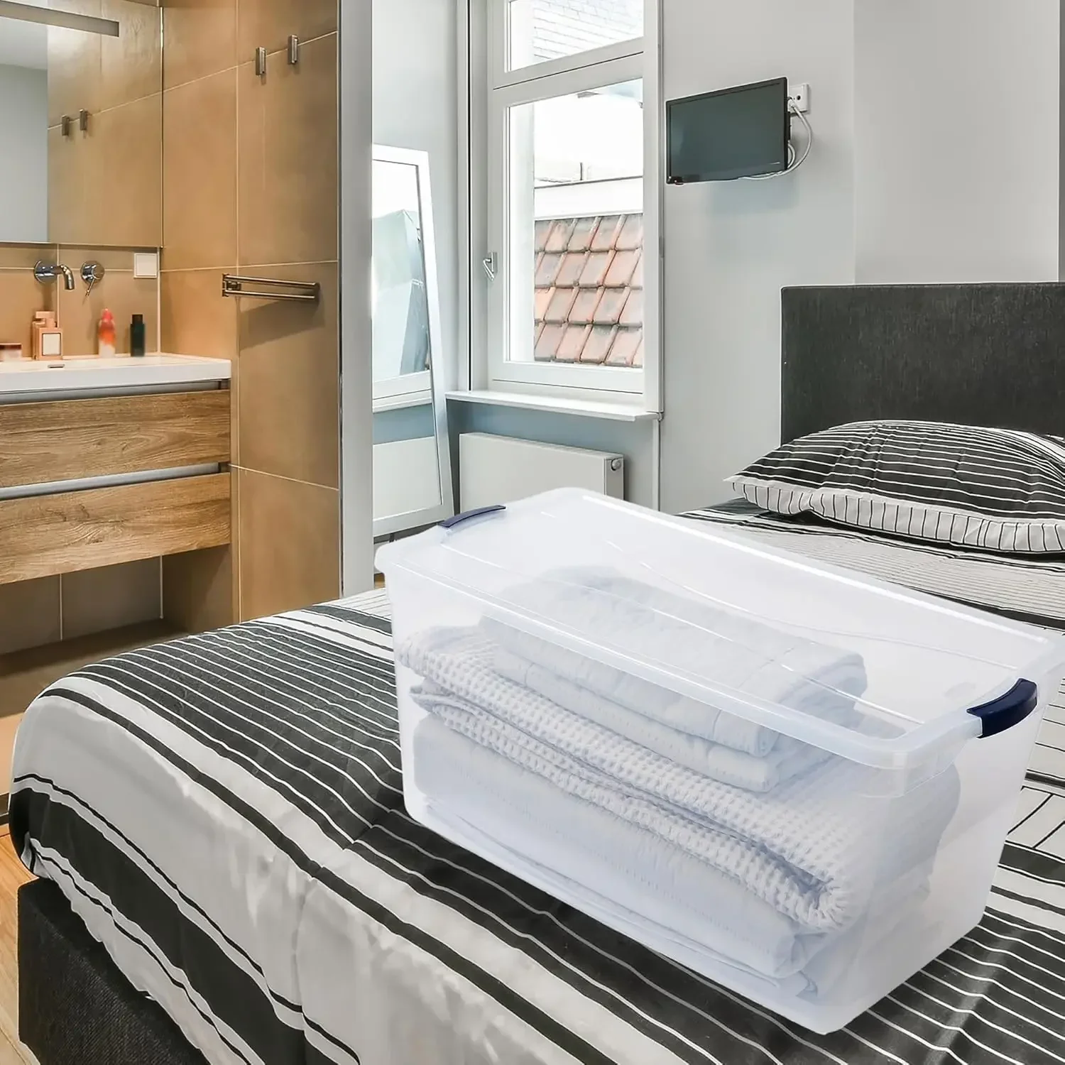 Clear 95 Qt, 4-Pack, Made in USA, Stackable Large Clear Storage Bins with Lids, See-Through Plastic Stora