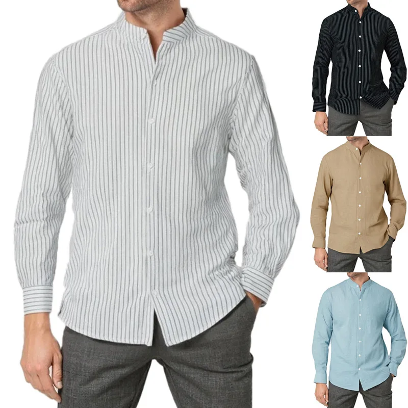 

2026 New Men's Spring Autumn Casual Shirt Tops Business Casual Style Linen Shirt Striped Stand Collar Long Sleeve Cardigan Shirt