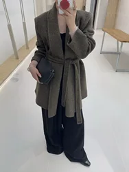 Women's Elegant Fashion Cloak Shoulder Pad Bathrobe Lace-up Medium Length Woolen Jacket Wool Coat For Autumn Winter With Belt