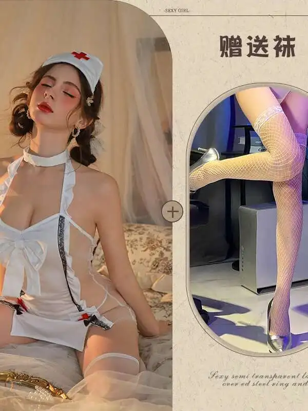 New Sexy 2025 Lace Bow Splicing Hanging Neck Backless Dress Women Cinching Waist Slim Mesh Sheer Wrap Hip Short Dress ADKU