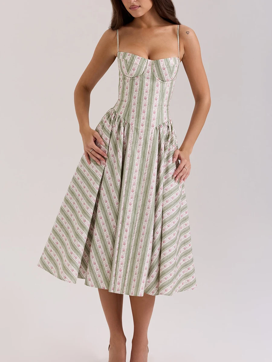 Boho Floral Printed Strapy Maxi Dress Summer Elegant Women Cotton Ruffles Sleeveless Backless Vocation Beach Sexy Ladies Dresses