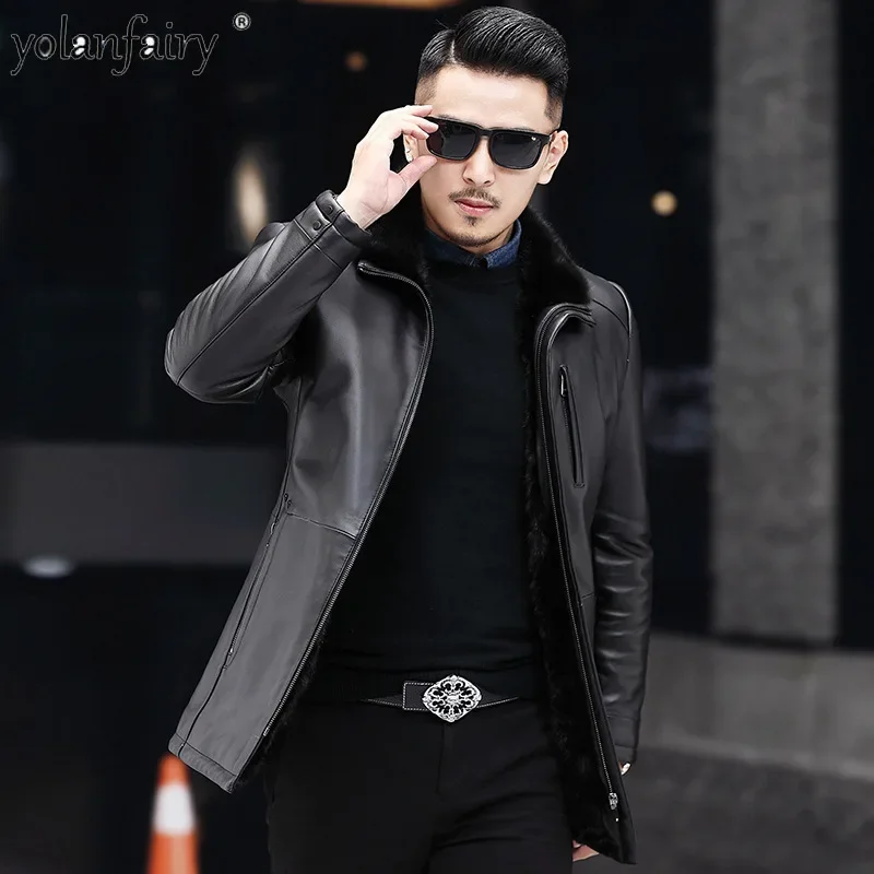 

Genuine Leather Jacket for Men Sheepskin Coat Male Mink Fur Linner Natural Leather Clothes Midium Lapel Slim Wear Men's Clothing