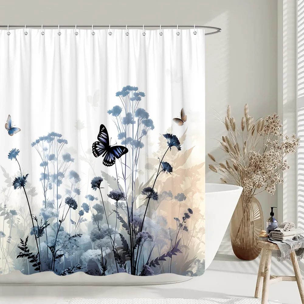 خمر الأزهار فراشة دش الستار ريفي زهرة ليف النباتية دش الستار للحمام ديكور البوليستر ستائر الحمام