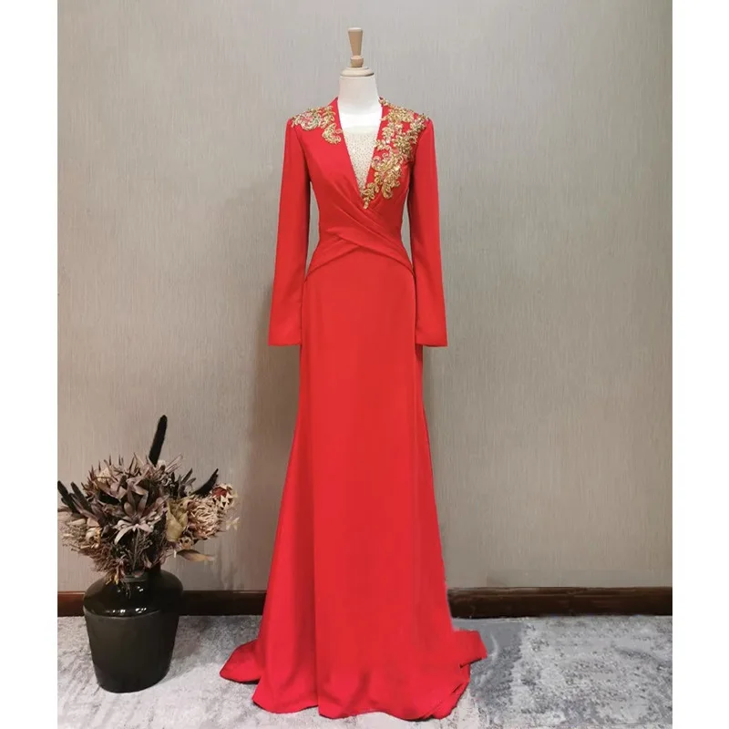 

Ele Red Long Sve Evening Gown for Women Banquet Ceremony Host Dr Slimming Formal Wear Summer 2023 Collection