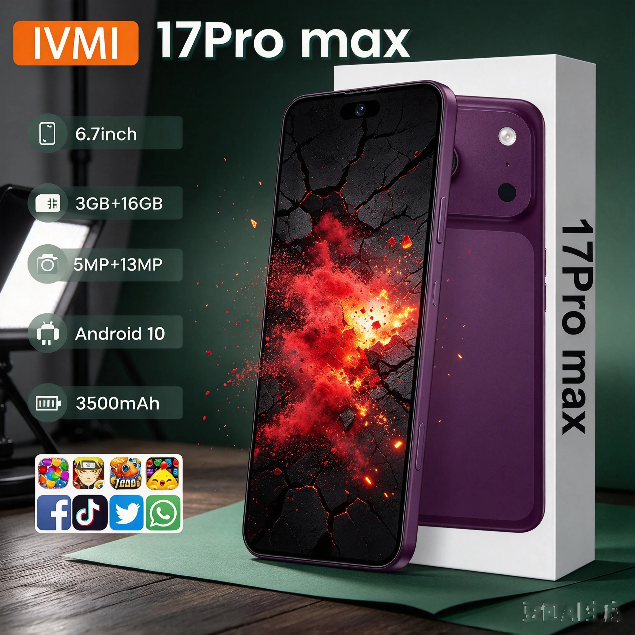 New IVMI 17PROMAX Birkenred unlocked mobile phone 6.7-inch 3GB+16GB memory dual-camera Android phone Google Play Bluetooth WiFi