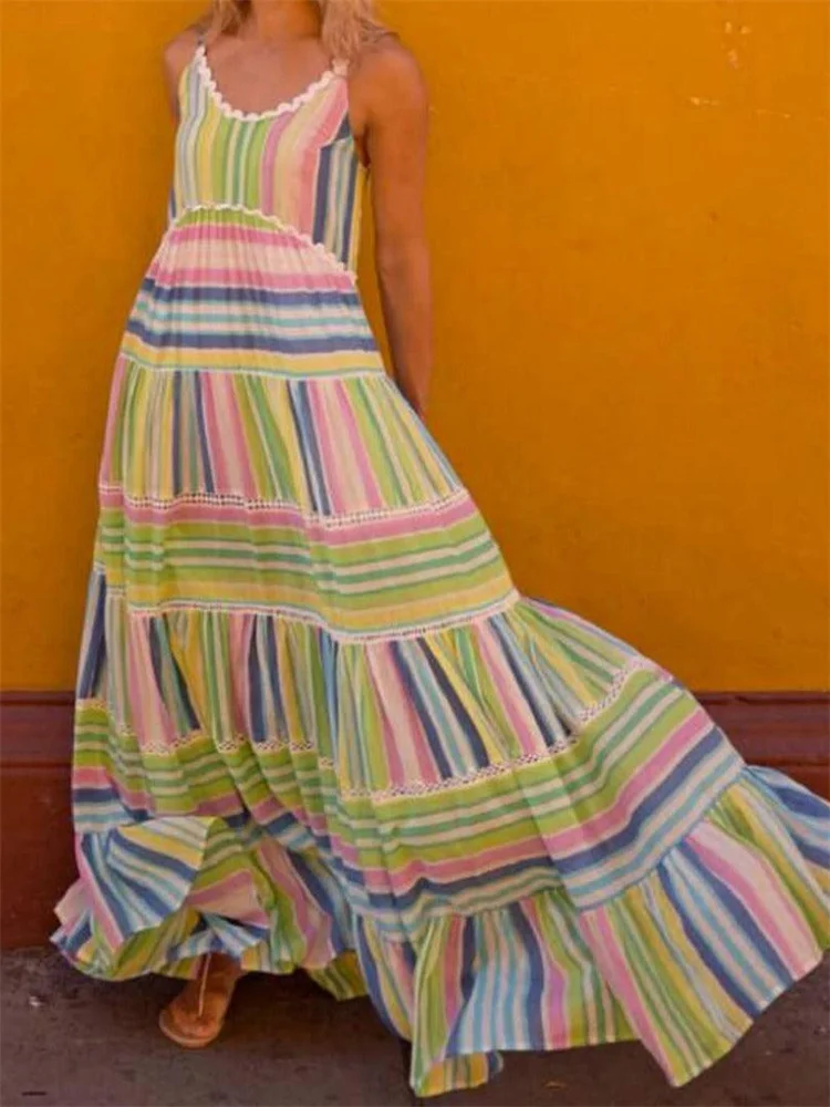 CHRONSTYLE-Vestido Maxi Longo com Estampa Listrada, Decote V, Cintura Alta, Camadas, Babados, Bainha, Correia de Espaguete, Festa, Clube