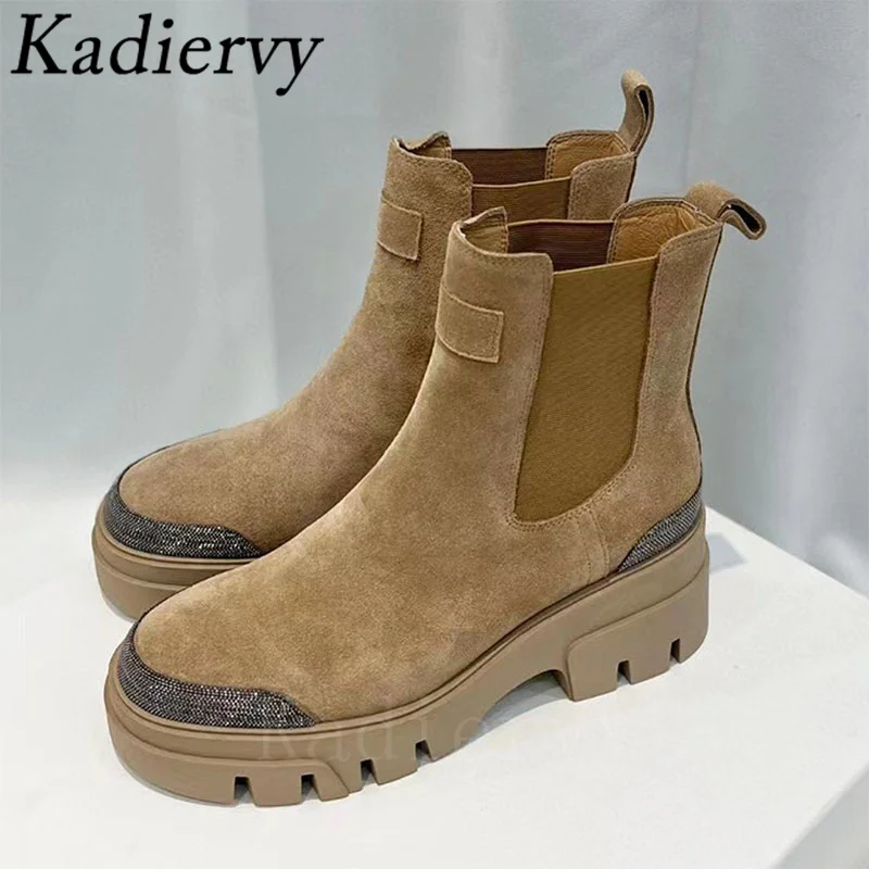 Thick Sole Motorcycle Boots Women Round Toe Slip-on Ankle Boots String Bead Flat Shoes Women Luxury Cow Suede Short Boots Woman