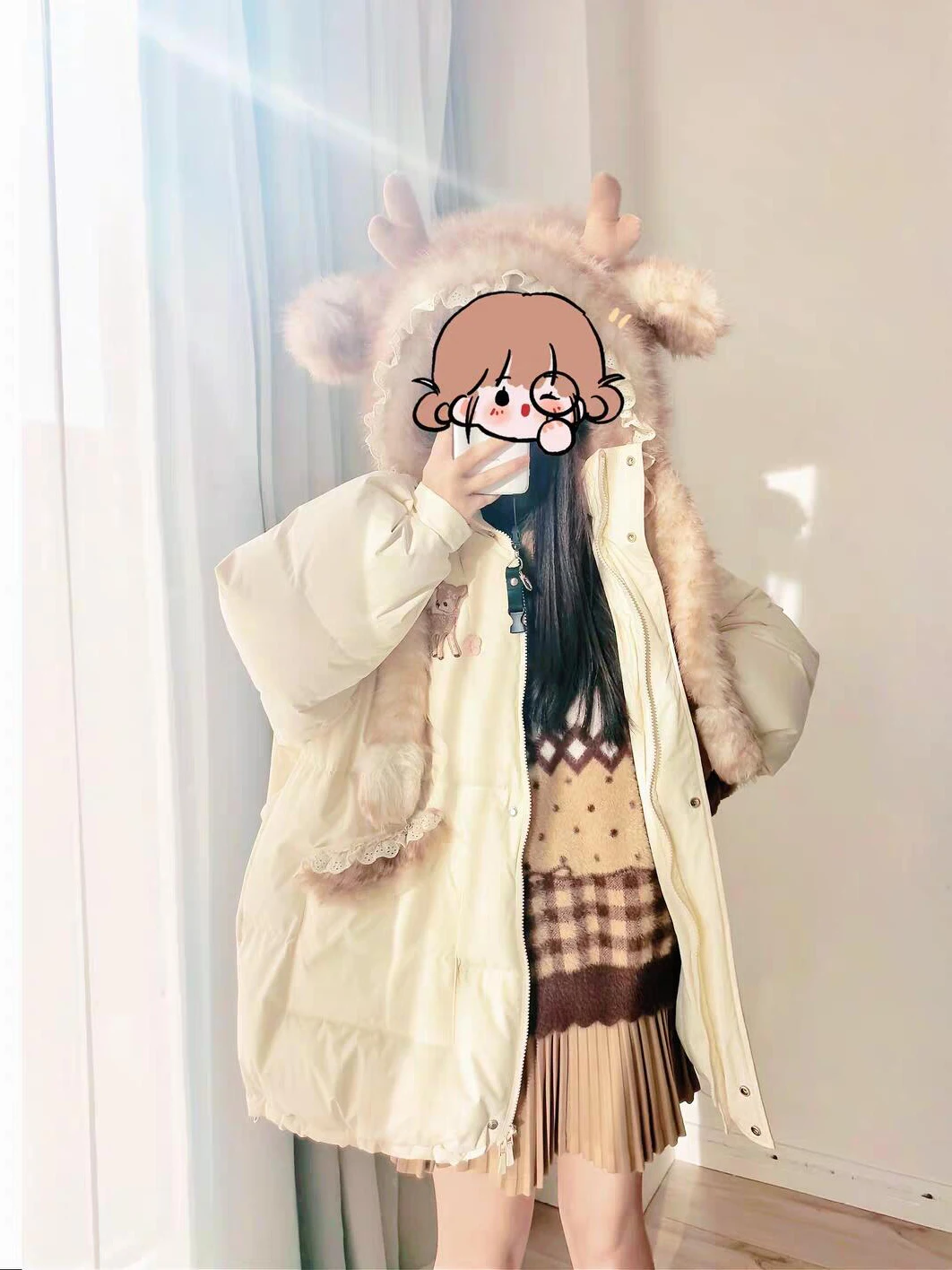 

Женская зимняя куртка с капюшоном и 3D оленьими ушками Sweet Girl, новинка маленького размера для колледжа, белая футболка Du down, непромокаемая верхняя одежда