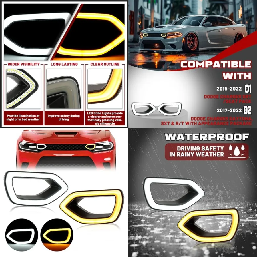 

Grille Lights LED Compatible with 2015-2022 Dodge Charger SRT/Scat Pack Daytona SXT and R/T Front Bumper White and Yellow Light
