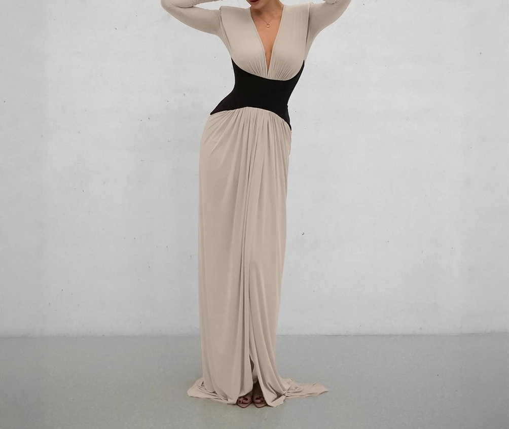 

Contrasting Color Elegant V-neck Long-sleeved Dress for Women's High Sense 2026 Spring Waist Long Dress