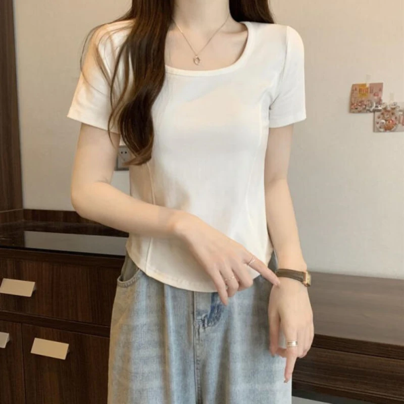 تي شيرت حريمي ضيق يناسب الجميع موضة الصيف بسيطة هاراجوكو شارع العليا الكورية نمط كل مباراة ملابس ناعمة الصلبة Mujer Moda