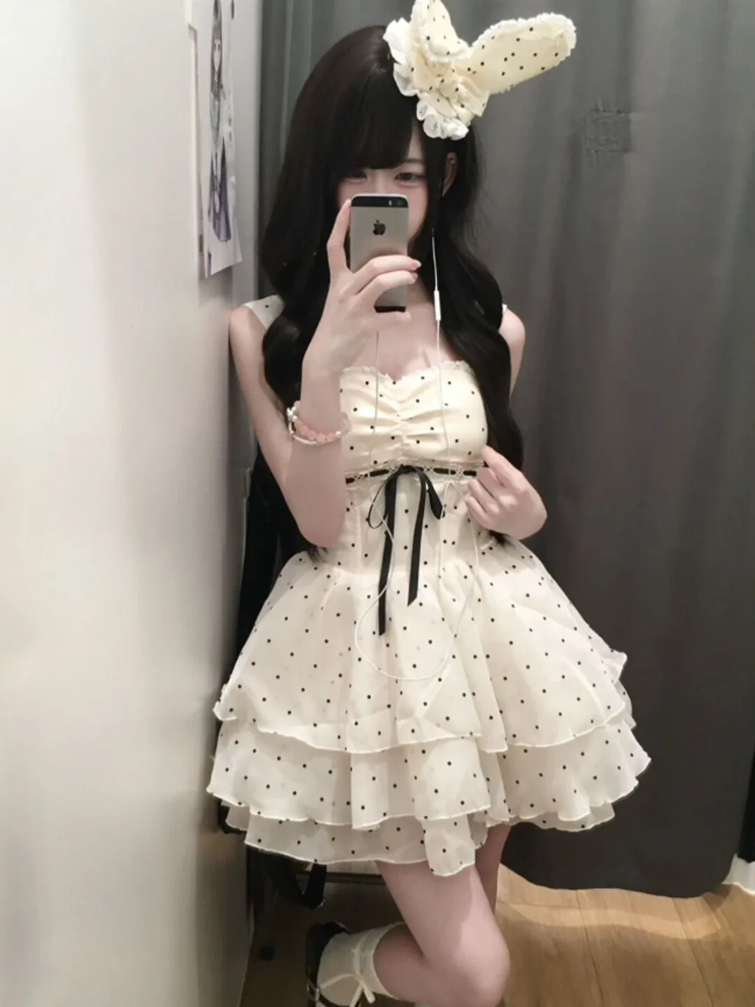 

Sweet Polka Dot Puffy Short Skirt Beautiful Waist-Cinching Summer Dress Gentle Style High Waist Cotton Blend Casual Elegant
