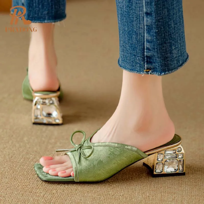 Women\'s Sandals 2024 New Brand Summer Qulaity Crystak Chunky High Heels Open Toe Apricot Green Dress Party Casual Lady Slippers