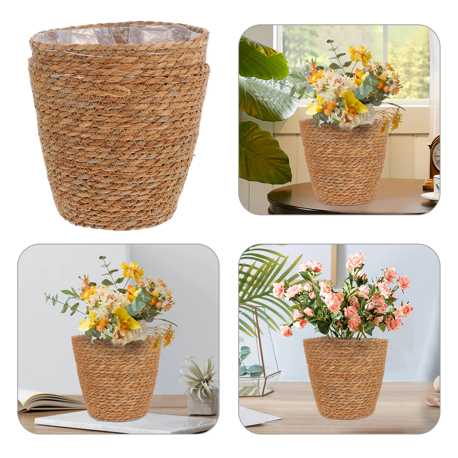 

2pcs Seagrass Plant Containers Woven Flower Pots Storage Baskets For Home Garden Kitchen Living Room Patio Decor