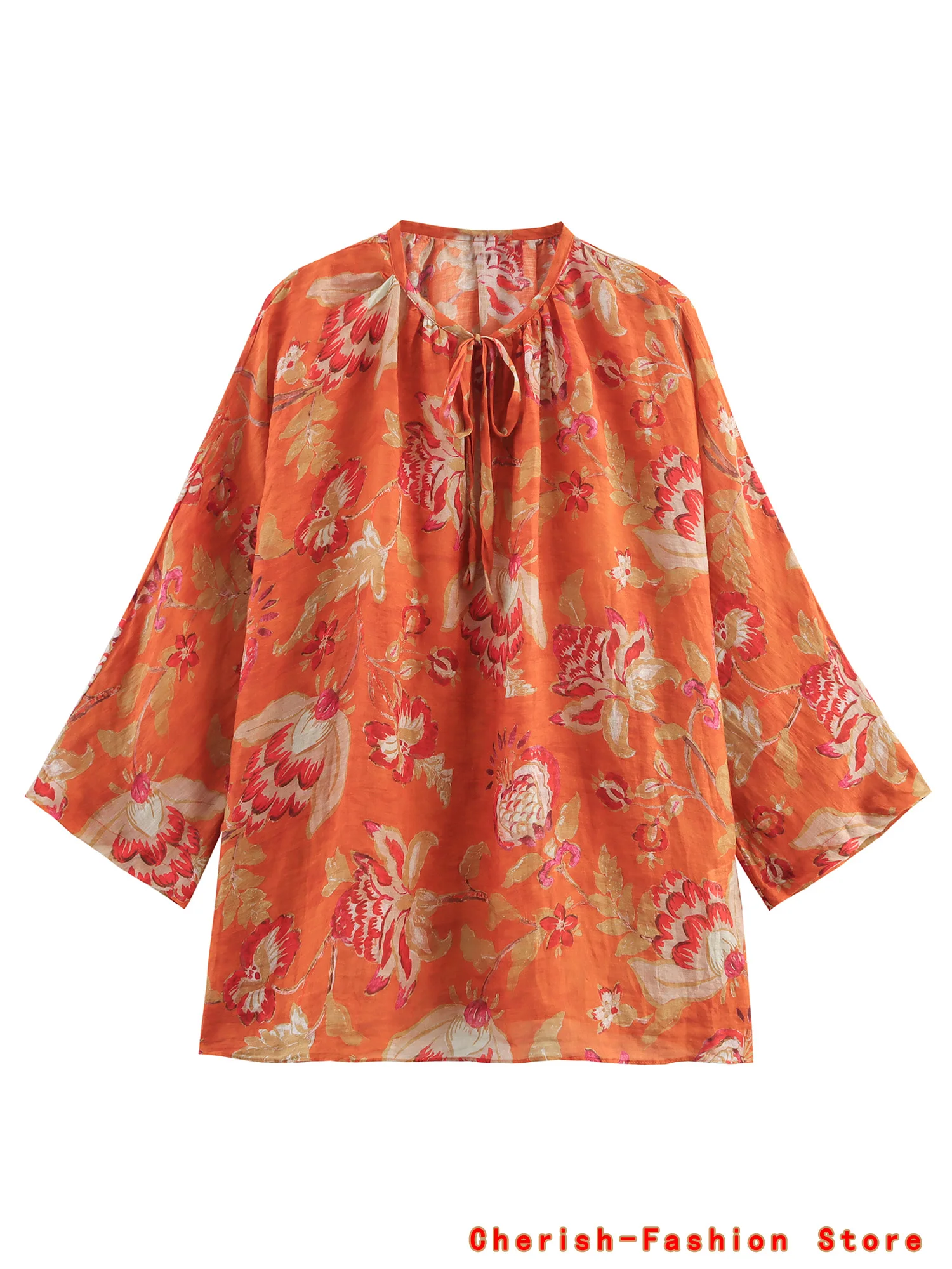 

Spring Summer Retro style Women's Clothing European And American Style Bow Decoration Flower Print Loose And Versatile Shirt