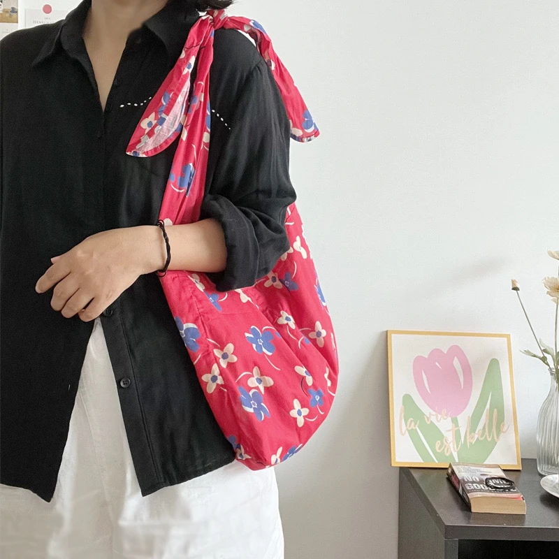 حقيبة كتف قماشية بنقشة زهور عتيقة للنساء، حقيبة كروس متعددة الاستخدامات بألوان متباينة، حقيبة يد كورية الطراز لصيف 2025 #3