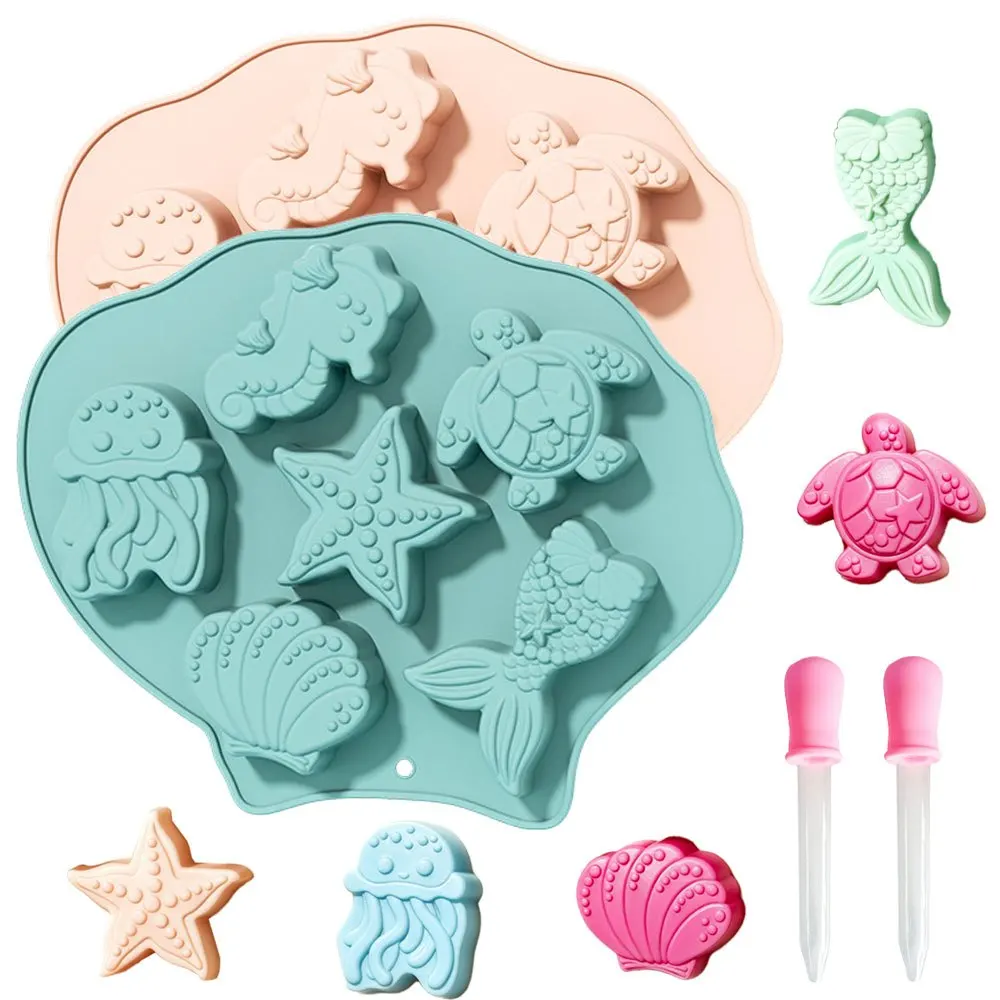 2-teiliges Ozean-Silikonformen-Set mit Pipette, Seepferdchen, Qualle, Schildkröte, Meerjungfrau, DIY Kerzen-, Seifen-, Harz-, Ton-Bastelwerkzeug für Heimdekoration