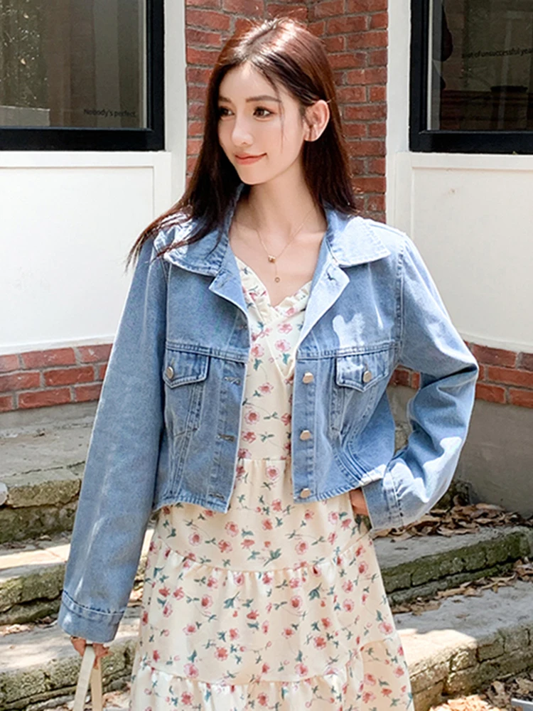 

Корейская свободная удлиненная джинсовая куртка для женщин, весенняя модная облегающая модель с пуговицами, однотонная