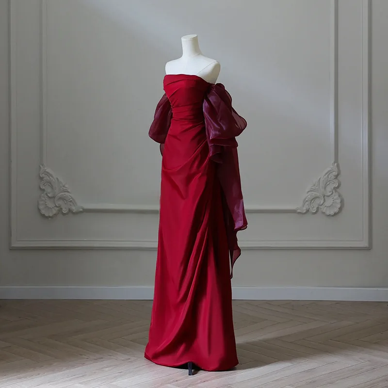 

Red Bridal Gown Women's One-Shoulder Engagement Party Evening Dress Morning Robe Wine Offering Ceremony Silk Midi Dress