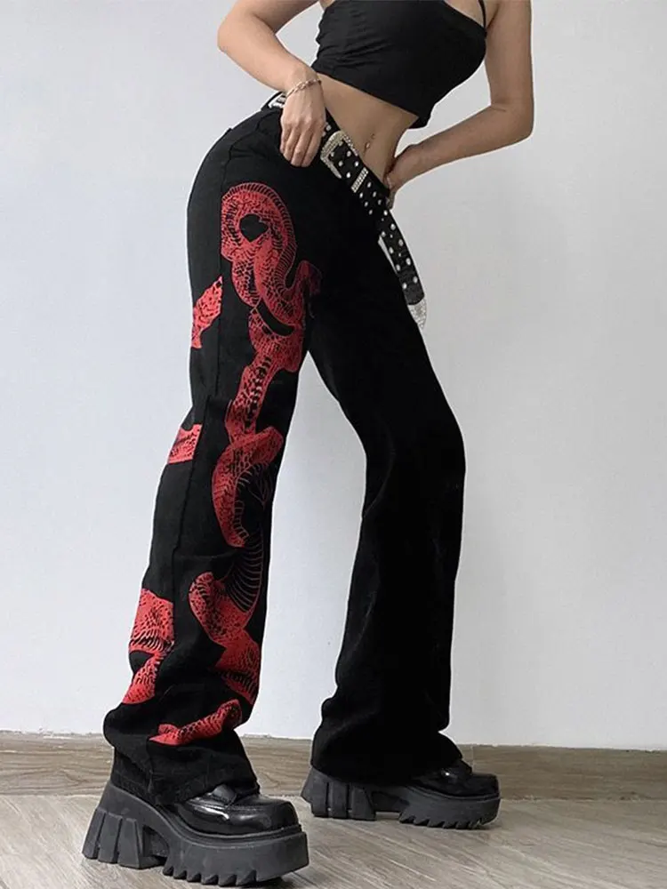 Summer Snake Print Straight Casual Women Jeans Fashion High Waist Wide Leg Denim Trousers 2023 Loose Lady Streetwear Pants