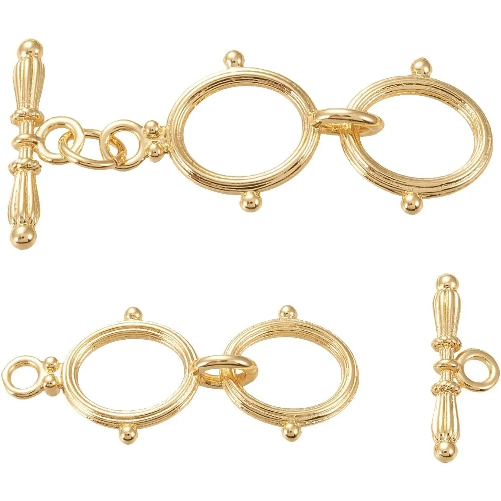 6 Sets 18K Gold Brass Toggle Clasps Double Ring Clasps and Metal Bar for Necklace Chain Bracelets Jewelry Making Craft DIY