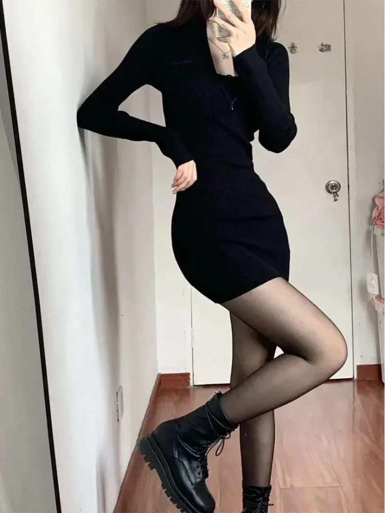 QWEEK Black Bodycon Knitted Dress Women Sexy Wrap Slim Short Dresses 2022 Autumn Fall Solid Outfits Robes Femlae