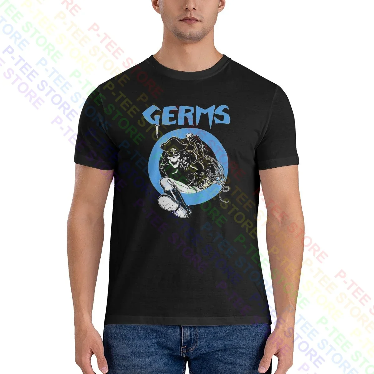 Germs Leather Skeleton Rock N Roll Music Band Shirt T-shirt Top Trend Splicing All-Match Tee