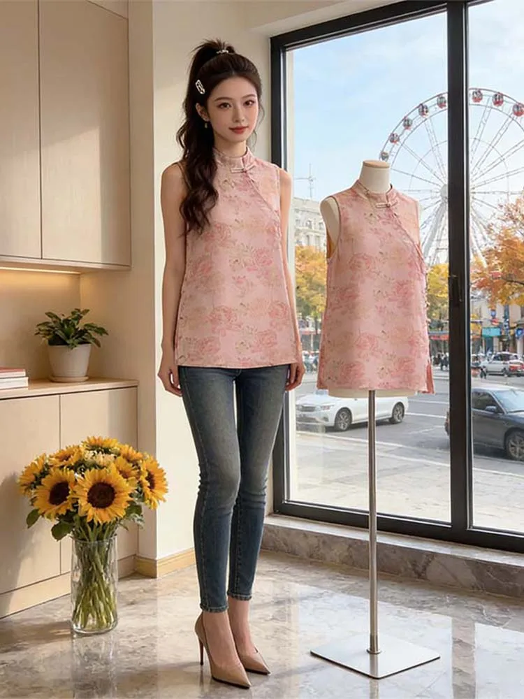 

Chic Svel Pink irt Women's Summer 2026 New Chinese Sle Reformed Button Design Sense Top Commute Sle Korean Version