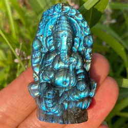 Labradorite Natural Crystal  Hand-carved Lord Ganesha Statue Buddha Elephant Hindu God Sculpture Wicca Figurines for Room Decor