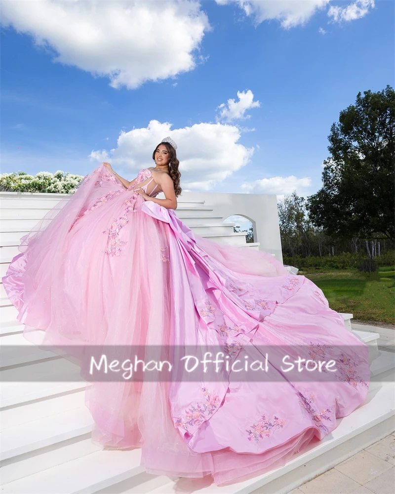 Pink Sweetheart Quinceanera Dresses Ball Gown Bead 3D Flower Birthday Dress Women 2024 Bow Princess Gown Sweet 16 Customized
