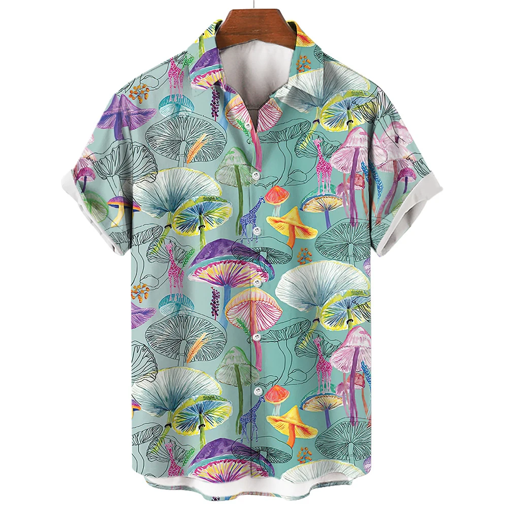 

2024 Men's Hawaiian Summer Colored Mushrooms 3D Printed Fashion Shirt Refreshing Casual Short Sleeve Beach Shirt For Mens