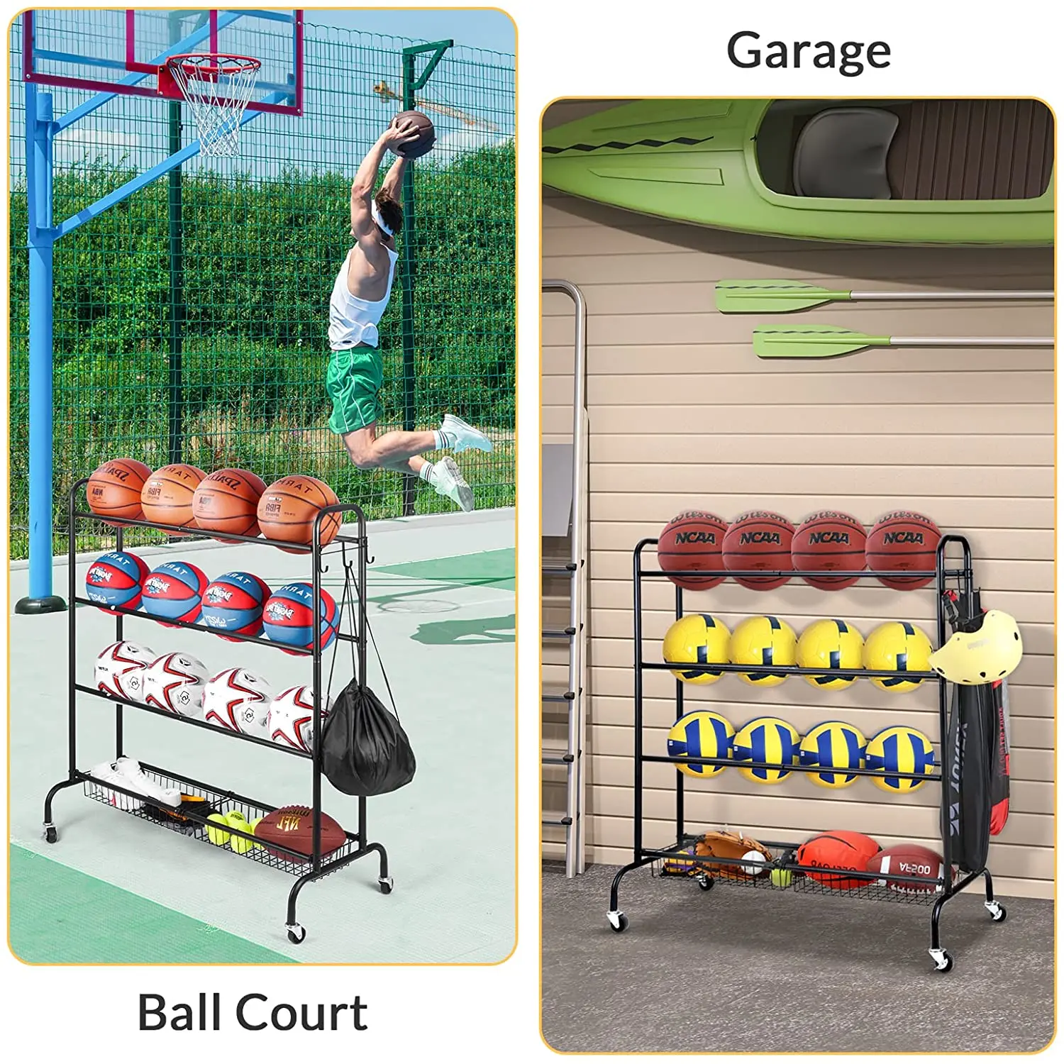 스포츠 공 보관 트롤리 농구 골대 3단 공 홀더, 차고 보관 정리용 금속 바구니 2개 포함