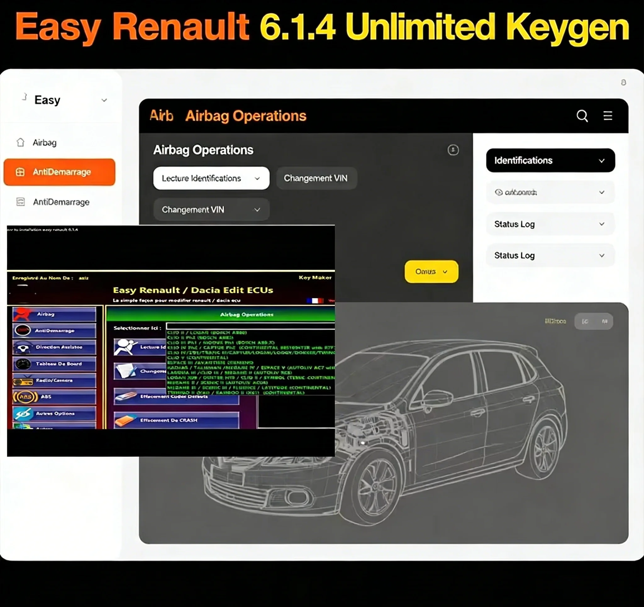 

Лучшее программное обеспечение Easy Renault 6.1.4 для программирования ЭБУ Renault, сброса ошибок, очистки карт безопасности, ключей, очистки UCH. Работает с OBDLink Renolink.