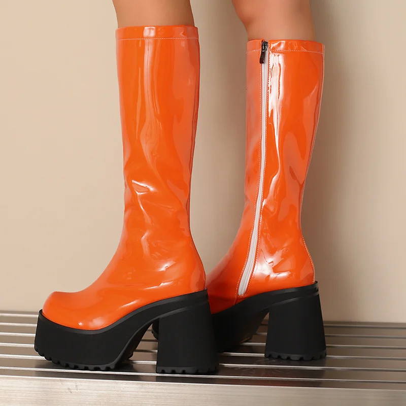 

YMECHIC 2026 Punk Sponge Cake Mid-calf Boots Ladies Thick Sole Patent Leather Side Zipper Lightweight Height Increasing Shoes