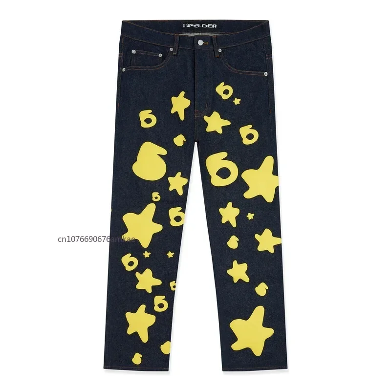 Ins Tide Jeans Men Women American Street Style Yellow Letters Foam Printing Straight Pants Fall Winter New Loose Couple Jeans