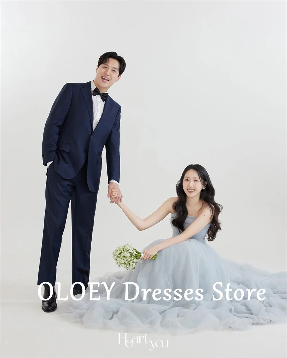 OLOEY Sky Blue Korea Wedding Dresses Strapless A-line Simple Elegant Bridal Gown Fariy Soft Tulle Photo Shoot Dresses