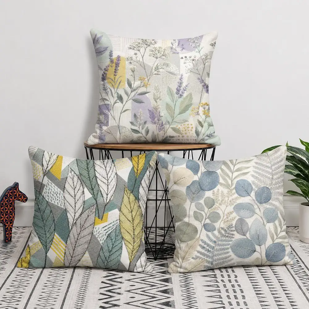 Boho Botanical Leaf Stitch Effect Cushion Cover Soft Short Plush Throw Pillow Cover Cushion Case for Sofa Bedroom Home Decor