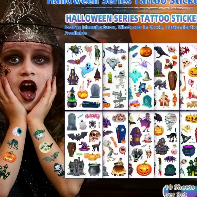 10/30 عبوة من ملصقات الوشم المزيفة للهالوين تتميز بالقرع والشبح والخفافيش؛ مقاومة للماء ومثالية لحفلات الأطفال