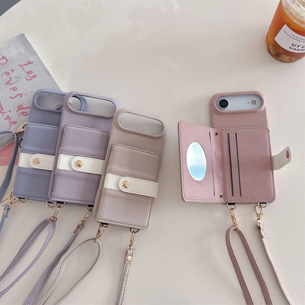 Crossbody Lanyard Spiegel Leder Handyhülle für IPhone 17 Air 16E 15 14 Plus 13 12 11 Pro Max Brieftasche Kartenhalter Anti Fall Cover