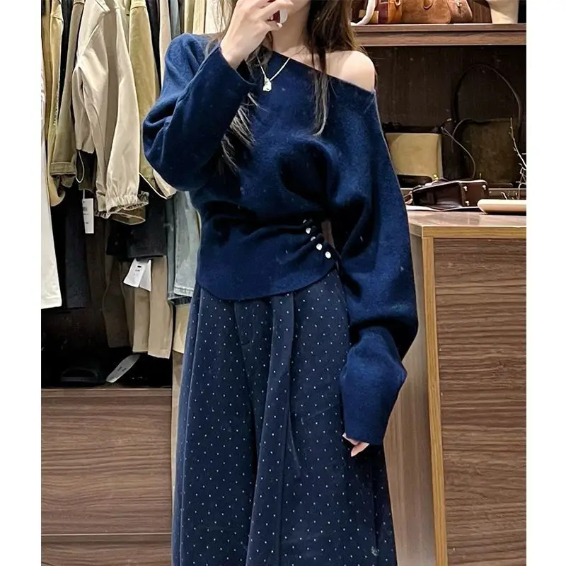 

Korean Jumpers Solid Slant Shoulder Long-sleeved Knit Sweater Female Autumn Pullovers Tshirts Blue Versatile Bottoming Blouse