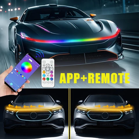 RGB Dynamic Scan Start Up DRL Дневные ходовые огни Полоса с указателем поворота Гибкий автомобильный внедорожник Светодиодный капот 12 В Управление через приложение