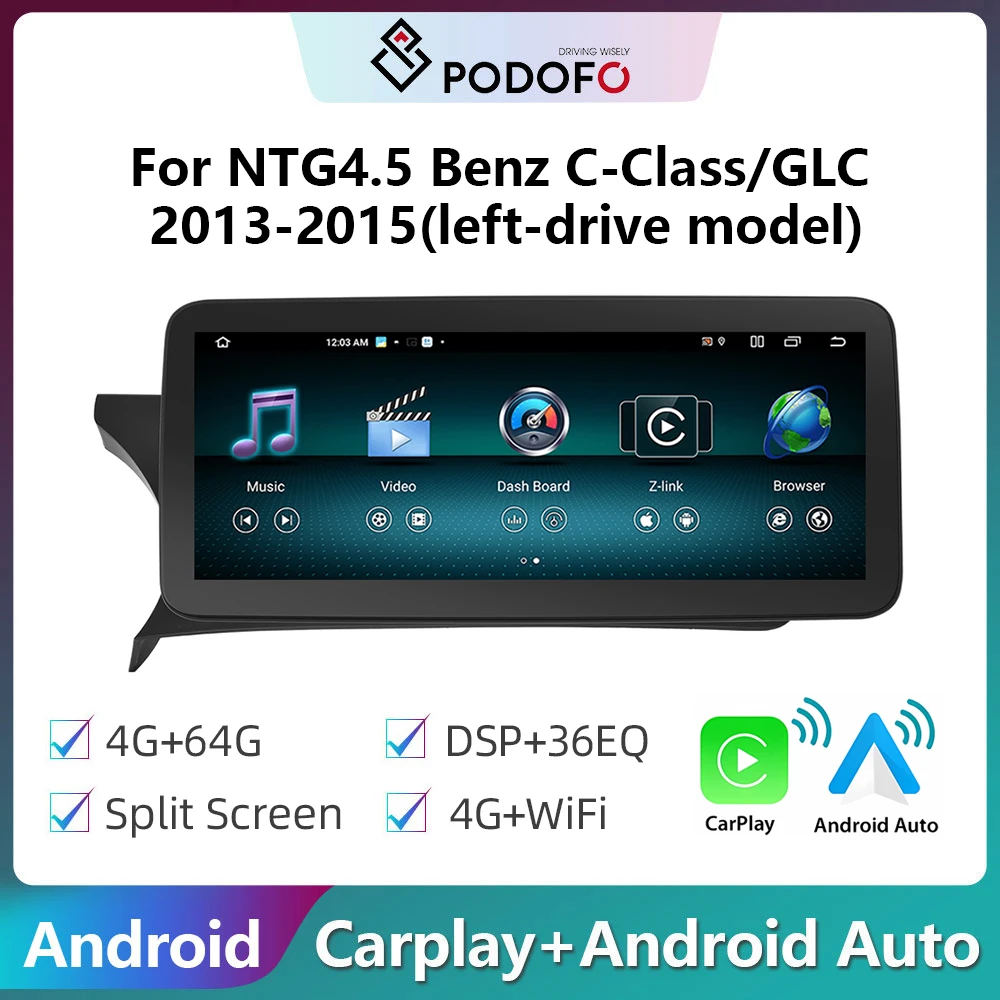 Podofo Android 8Core 4+64G Car Radio 10.25” For Benz C-class/GLC 2013-2015 Carplay autoradio WIFI GPS Bluetooth MirrorLink