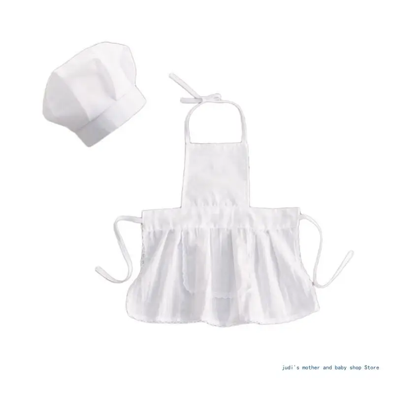 

67JC 2 Pcs Baby Chef Apron and Hat White Cook Photos Infant Kids Costume Photography Prop Newborn Hat Apron