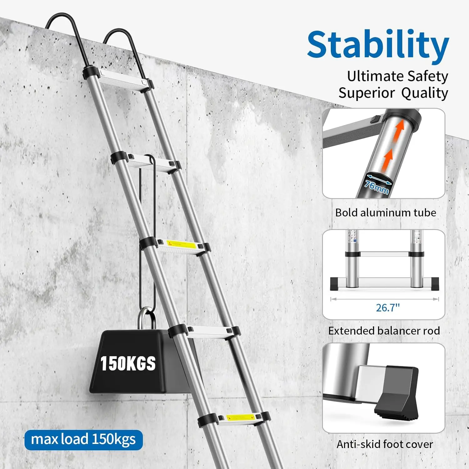 Telescoping Ladder,16.5 FT Extension Ladder, Heavy Duty 330lbs Max Capacity, Multi-Purpose Collapsible Ladder with Stable Hook a