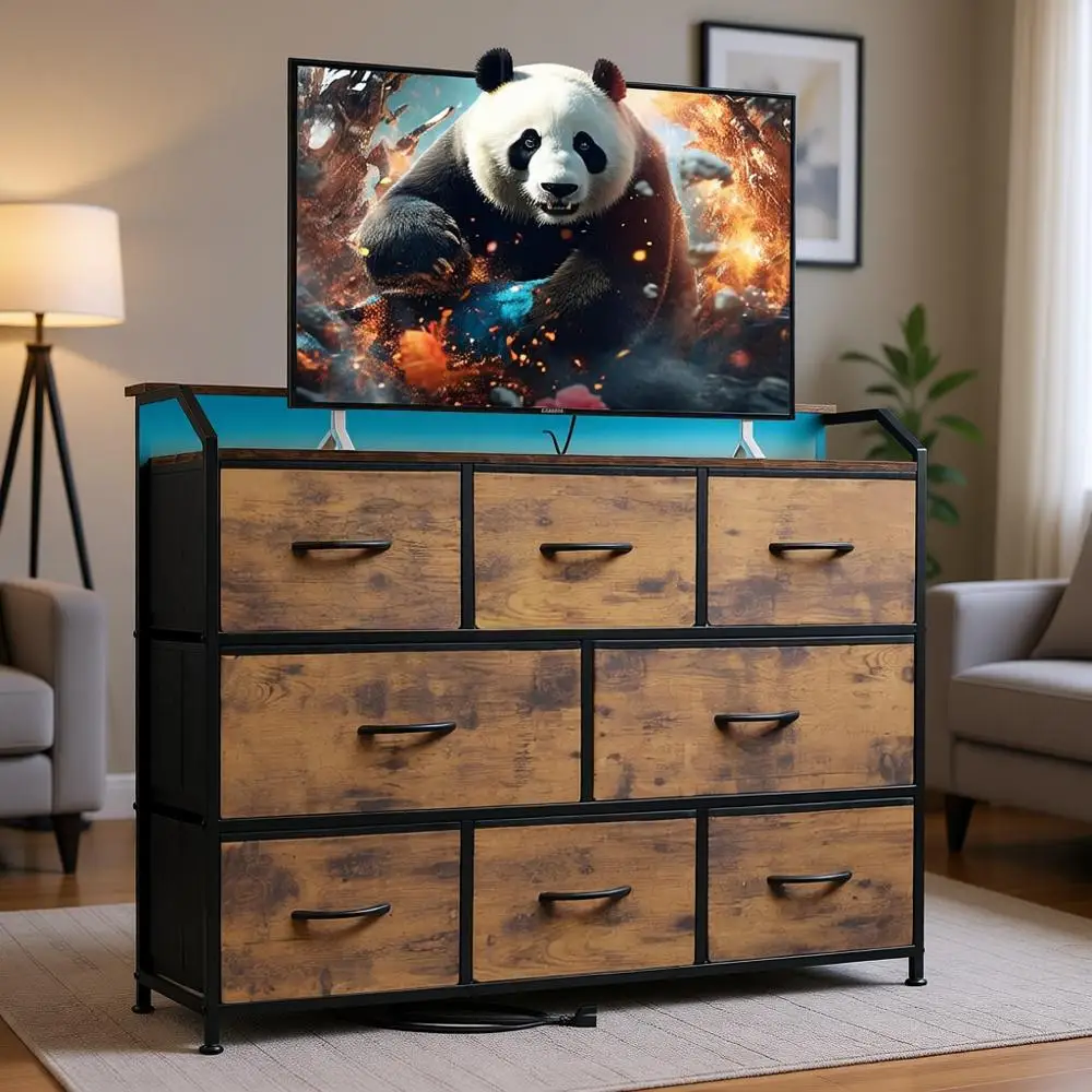 

LED-lit Bedroom Furniture with Power Outlet, Wide Chest for Hallway, Fabric Drawers for Living Room and Entryway, Rustic Brown
