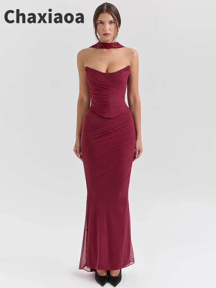 

Chaxiaoa Wine Red Sexy Two Piece Sets Women Neckerchief Strapless Crop Tops And Maxi Skirt Sets Club Party Skirt Two Piece Sets