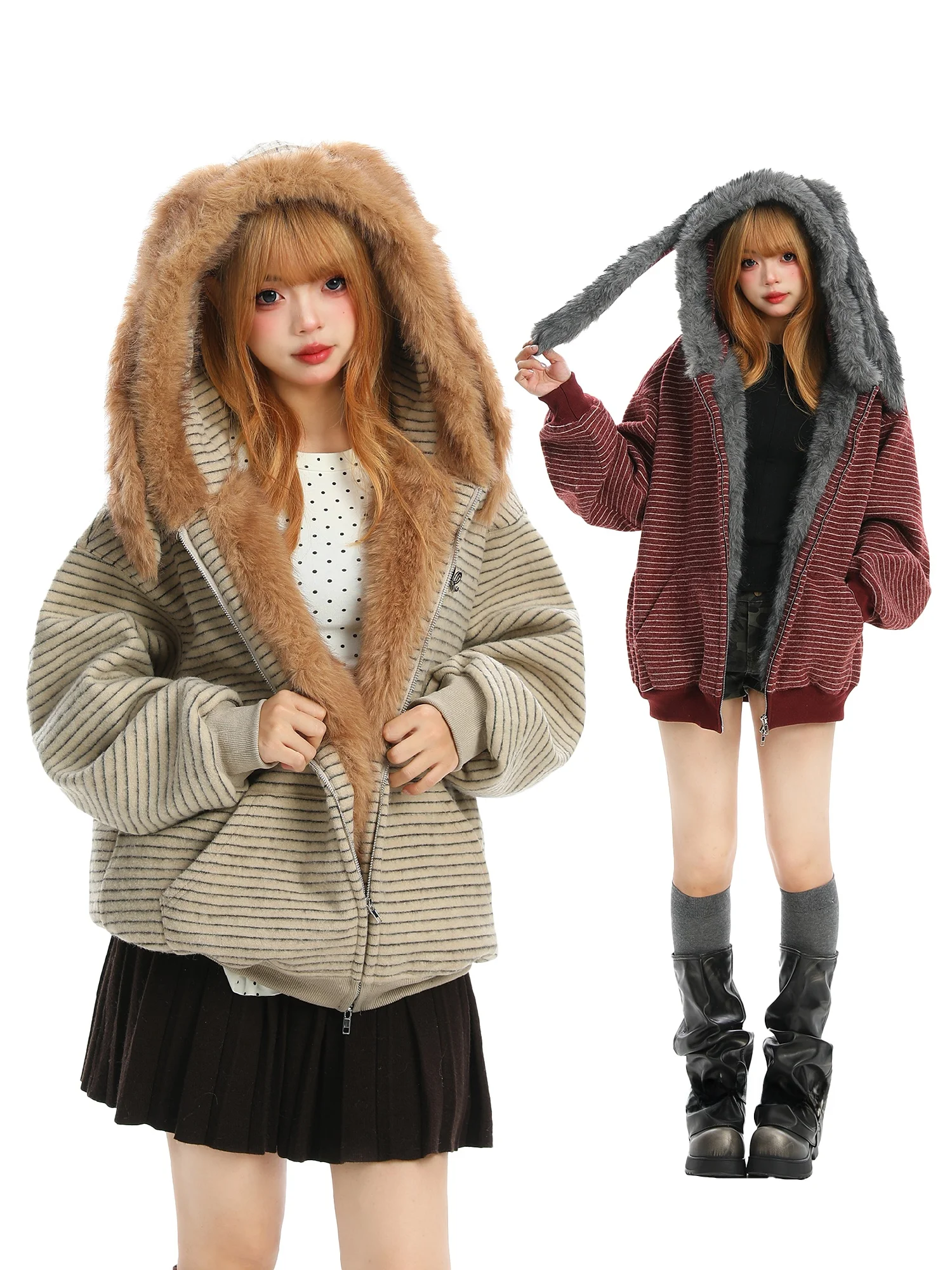 

BearGirl American Sle Furry Rabbit Ear Hooded Fce Lined Sweatirt Women's Autumn Winter Thi Warm Outerwear