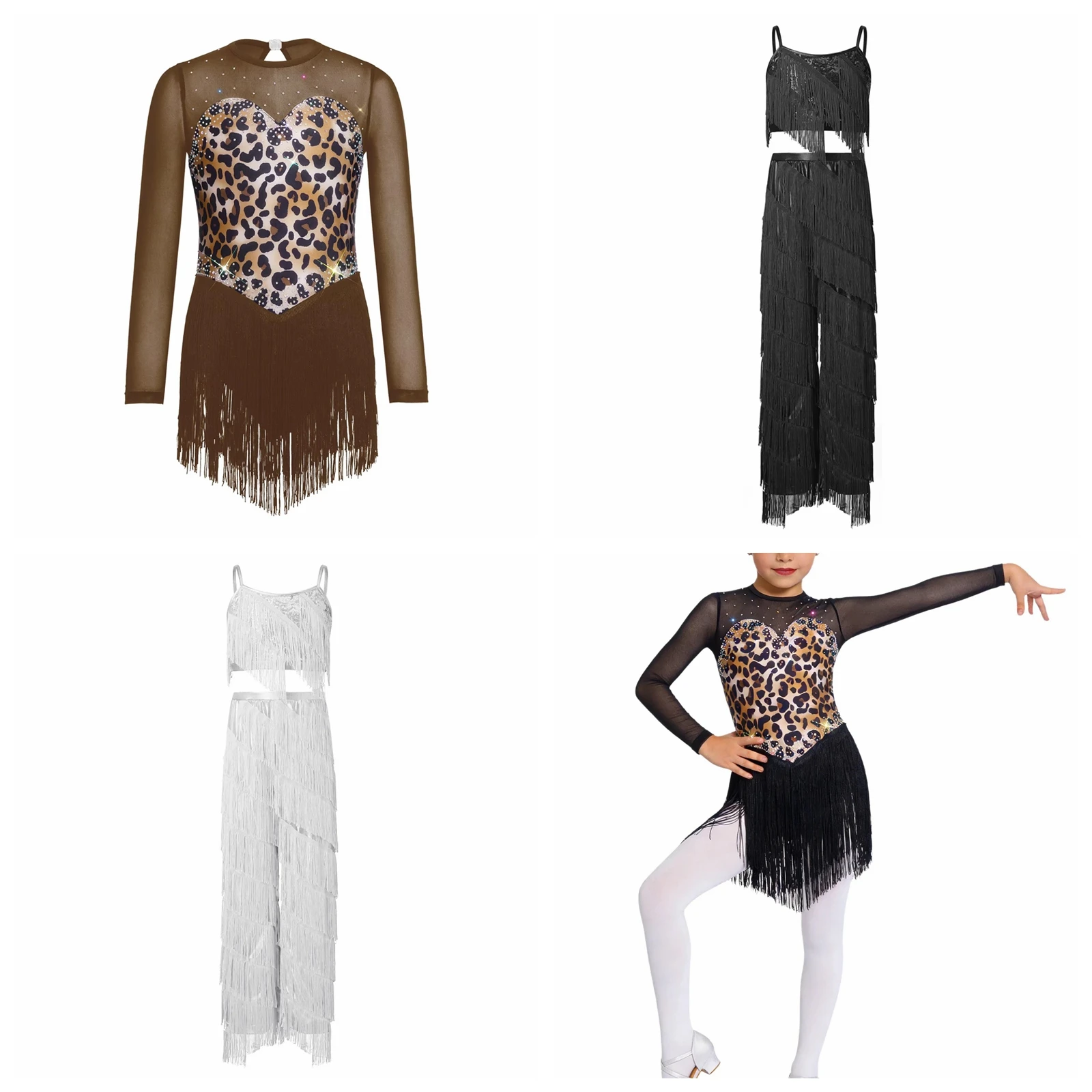 

Костюм для девочек с леопардовым принтом и бахромой, комплект из 2 предметов с кисточками для латиноамериканских танцев: сальса, танго, ча-ча-ча, бальные танцы