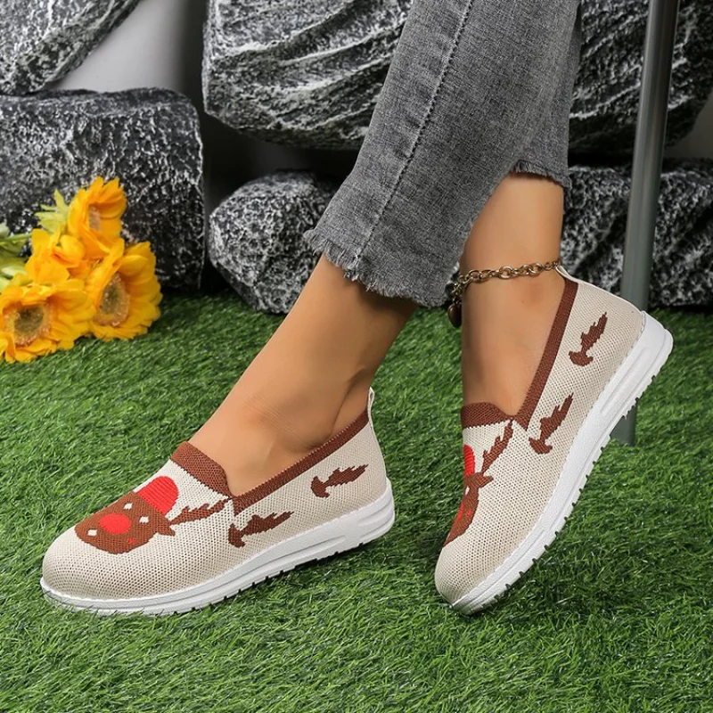 Woman Christmas Shoes Casual Breathable AthleticTennis Sneakers New 2024 Fashion Elk Print Mesh Flats Women's Footwear Xmas Gift