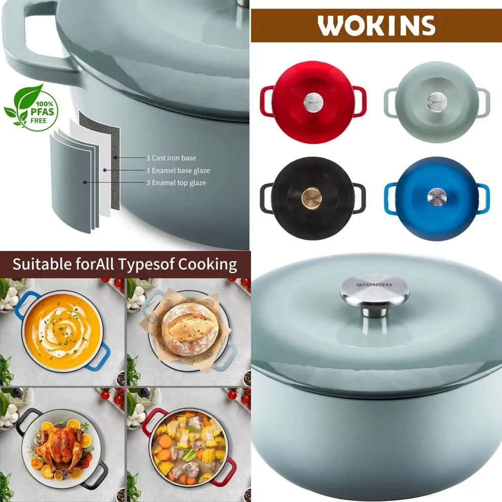 

Green 7-Quart Enamel Cast Iron Dutch Oven with Dual Handles for Baking, Braising, Stews, Roasting, Oven-Safe up to 500°F